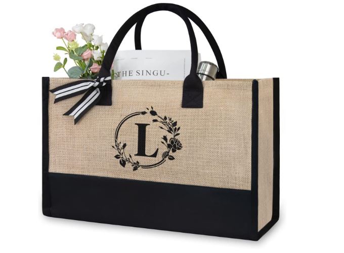 TOPDesign Initial Jute Canvas Tote Bag