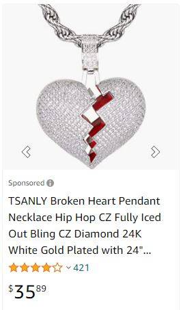 TSANLY Broken Heart Pendant Necklace Hip Hop CZ Fully Iced Out Bling CZ Diamond 24K White Gold Plated