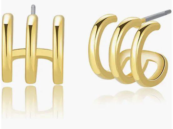 Obidos 14K Gold Plated Illusion Stud Earrings for Women Triple Huggie Hoop Earrings